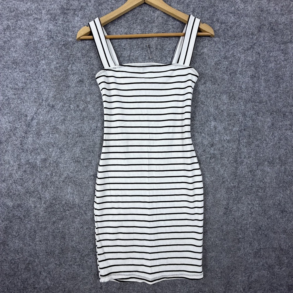Popular 21 Mini Sheath Dress Womens Small Black White Striped Ribbed Square Neck